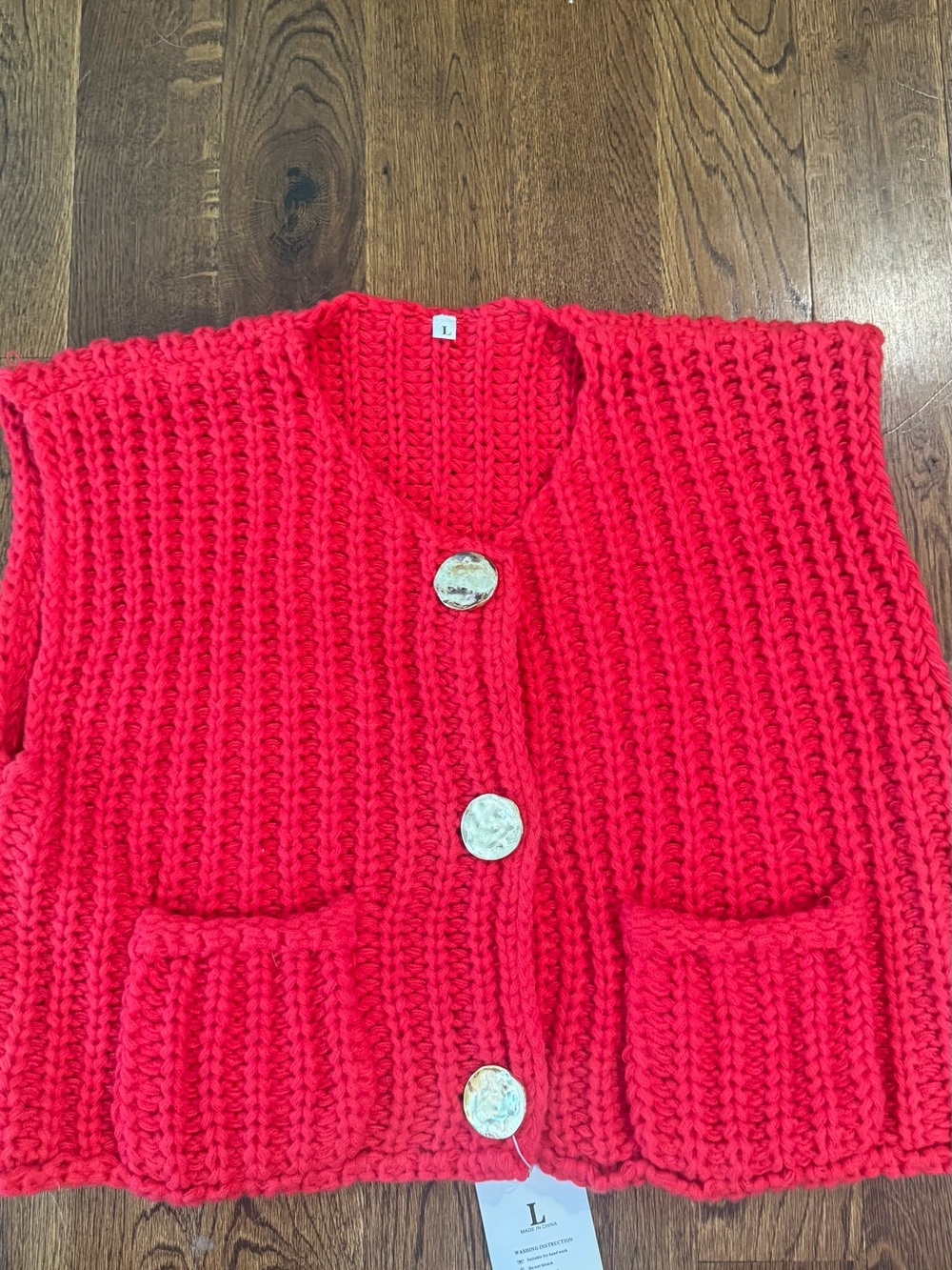 Hand-Knit V-Neck Pocket Sweater Vest in Bright Red